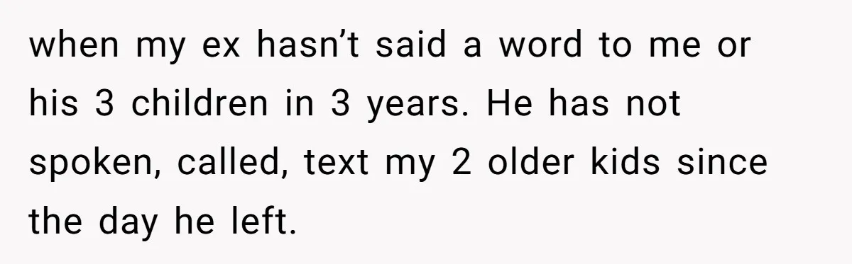 when my ex hasn’t said a word to me or his 3 children in 3 years. He has not spoken, called, text my 2 older kids since the day he...