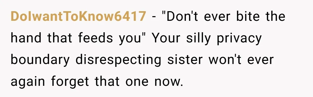 Homeowner Evicts Sister After She Reveals Deeply Embarrassing Secret To Their Family DoIwantToKnow6417 − "Don't ever bite the hand that feeds you" Your silly privacy boundary disrespecting sister won't ever again forget that one now.