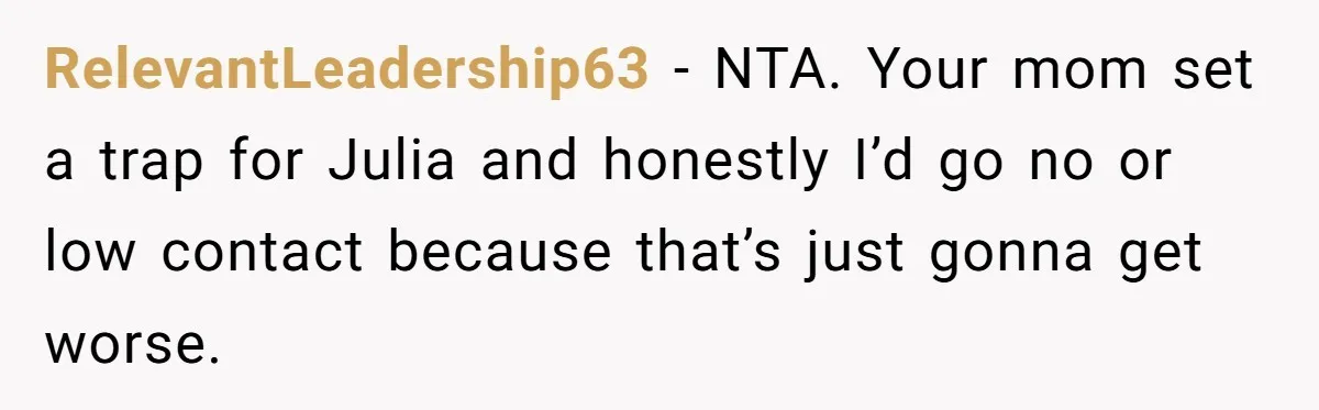 Man Takes His Fiancé And the Turkey After Mom Criticizes Her For Not Cooking RelevantLeadership63 − NTA. Your mom set a trap for Julia and honestly I’d go no or low contact because that’s just gonna get worse.