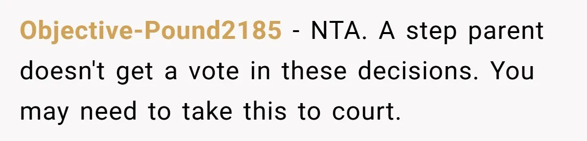 Ex’s New Wife Demands Equal Say In Parenting, Woman Says ‘No’ And Stands Her Ground Objective-Pound2185 − NTA. A step parent doesn't get a vote in these decisions. You may need to take this to court.