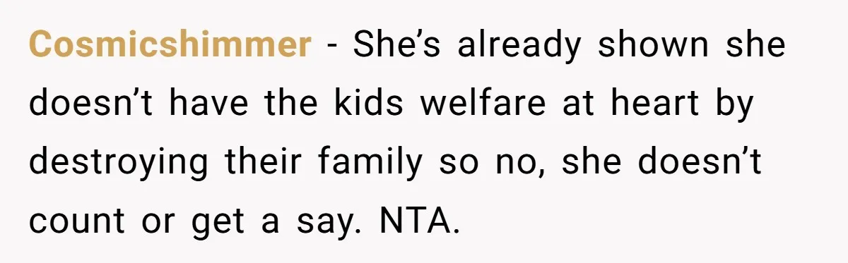 Ex’s New Wife Demands Equal Say In Parenting, Woman Says ‘No’ And Stands Her Ground Cosmicshimmer − She’s already shown she doesn’t have the kids welfare at heart by destroying their family so no, she doesn’t count or get a say. NTA.