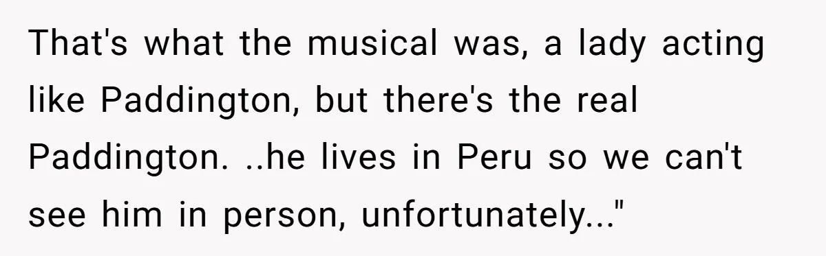 She Told Her Niece Paddington Wasn’t Real, and It Sparked a Family Rift That's what the musical was, a lady acting like Paddington, but there's the real Paddington. ..he lives in Peru so we can't see him in person, unfortunately..."