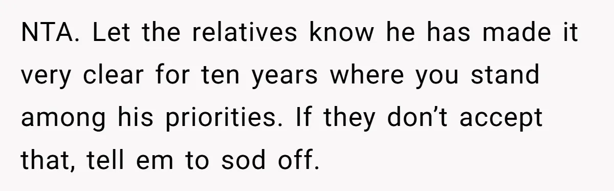 Dad Overlooks Daughter All Her Childhood, Somehow Suddenly Wants Her At Anniversary Party NTA. Let the relatives know he has made it very clear for ten years where you stand among his priorities. If they don’t accept that, tell em to sod off.