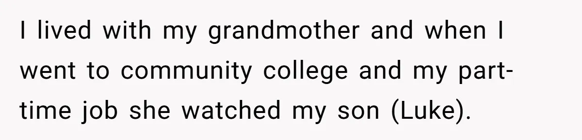 Aunt Who Raised Nephew As Her Son Faces Emotional Backlash From Niece Over Birthday Gift Decision I lived with my grandmother and when I went to community college and my part-time job she watched my son (Luke).