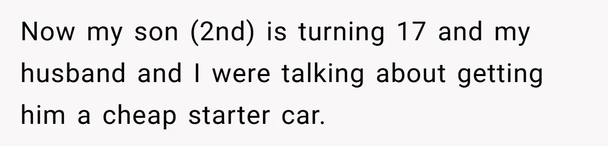 Aunt Who Raised Nephew As Her Son Faces Emotional Backlash From Niece Over Birthday Gift Decision Now my son (2nd) is turning 17 and my husband and I were talking about getting him a cheap starter car.