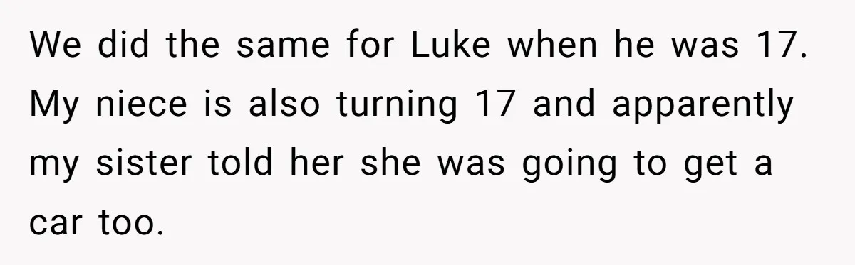 Aunt Who Raised Nephew As Her Son Faces Emotional Backlash From Niece Over Birthday Gift Decision We did the same for Luke when he was 17. My niece is also turning 17 and apparently my sister told her she was going to get a car too.