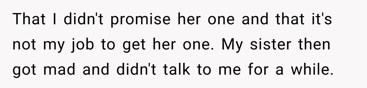 Aunt Who Raised Nephew As Her Son Faces Emotional Backlash From Niece Over Birthday Gift Decision That I didn't promise her one and that it's not my job to get her one. My sister then got mad and didn't talk to me for a while.