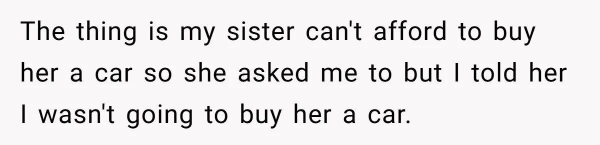 Aunt Who Raised Nephew As Her Son Faces Emotional Backlash From Niece Over Birthday Gift Decision The thing is my sister can't afford to buy her a car so she asked me to but I told her I wasn't going to buy her a car.