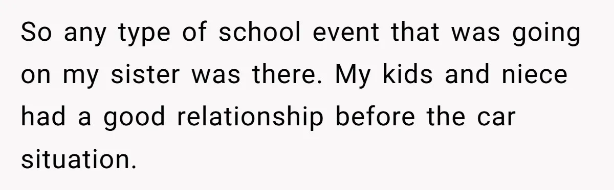 Aunt Who Raised Nephew As Her Son Faces Emotional Backlash From Niece Over Birthday Gift Decision So any type of school event that was going on my sister was there. My kids and niece had a good relationship before the car situation.