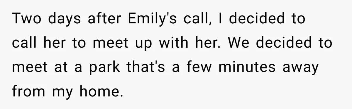 Aunt Who Raised Nephew As Her Son Faces Emotional Backlash From Niece Over Birthday Gift Decision Two days after Emily's call, I decided to call her to meet up with her. We decided to meet at a park that's a few minutes away from my home.