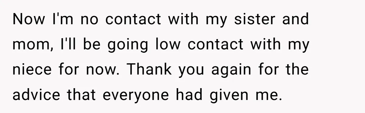 Aunt Who Raised Nephew As Her Son Faces Emotional Backlash From Niece Over Birthday Gift Decision Now I'm no contact with my sister and mom, I'll be going low contact with my niece for now. Thank you again for the advice that everyone had given me.