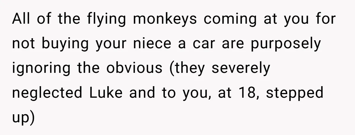 Aunt Who Raised Nephew As Her Son Faces Emotional Backlash From Niece Over Birthday Gift Decision All of the flying monkeys coming at you for not buying your niece a car are purposely ignoring the obvious (they severely neglected Luke and to you, at 18, stepped...