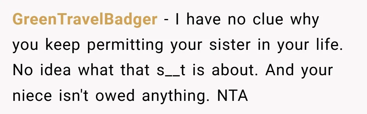 Aunt Who Raised Nephew As Her Son Faces Emotional Backlash From Niece Over Birthday Gift Decision GreenTravelBadger − I have no clue why you keep permitting your sister in your life. No idea what that s__t is about. And your niece isn't owed anything. NTA