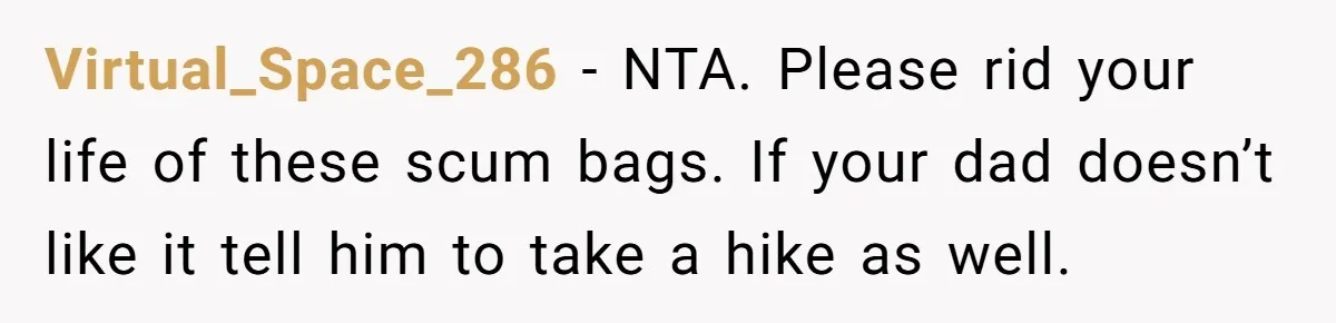 Aunt Who Raised Nephew As Her Son Faces Emotional Backlash From Niece Over Birthday Gift Decision Virtual_Space_286 − NTA. Please rid your life of these scum bags. If your dad doesn’t like it tell him to take a hike as well.