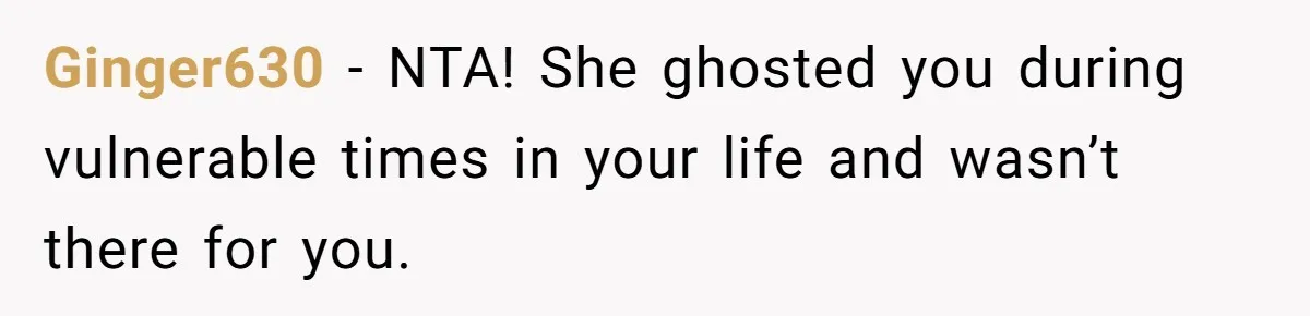 Estranged Friend Announces Pregnancy, Woman Fires Back After Years Of Being Ignored Ginger630 − NTA! She ghosted you during vulnerable times in your life and wasn’t there for you.