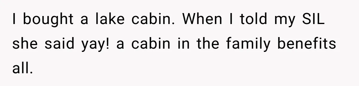 Mother In Law Treats Private Cabin Like An All Inclusive Resort For Her Extended Family I bought a lake cabin. When I told my SIL she said yay! a cabin in the family benefits all.