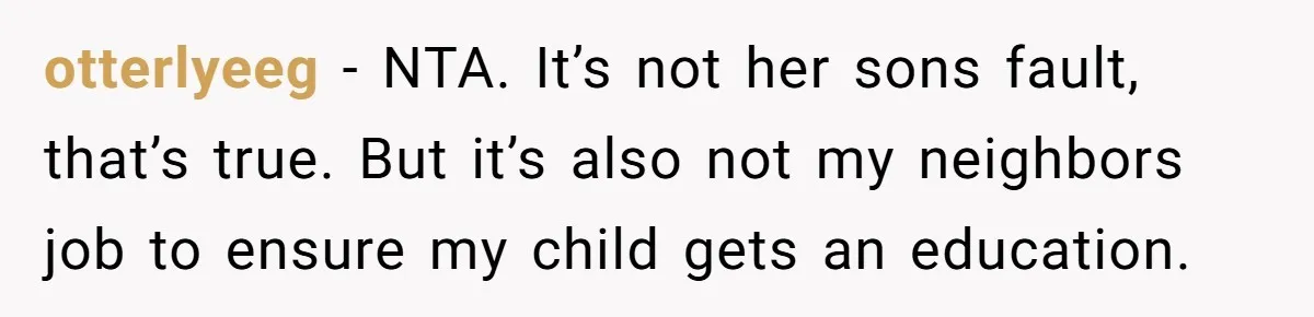 Neighbor Mom Stops Driving Friends Son To School After One Refused Favor otterlyeeg − NTA. It’s not her sons fault, that’s true. But it’s also not my neighbors job to ensure my child gets an education.