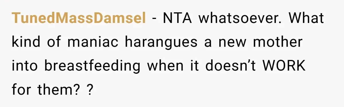 They Threw Away a Newborn’s Formula, Then Told His Mother She Was “Overreacting” TunedMassDamsel − NTA whatsoever. What kind of maniac harangues a new mother into breastfeeding when it doesn’t WORK for them? ?