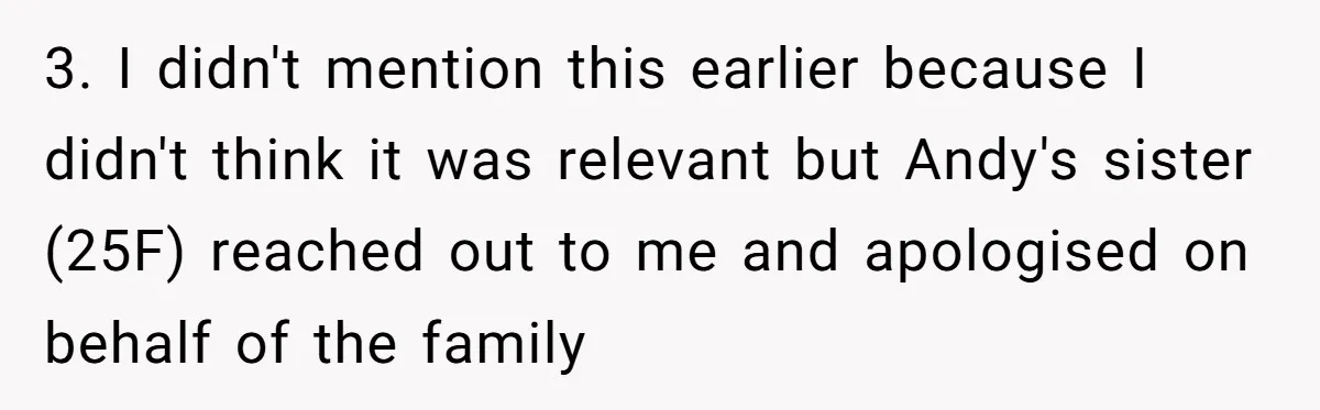 3. I didn't mention this earlier because I didn't think it was relevant but Andy's sister (25F) reached out to me and apologised on behalf of the family