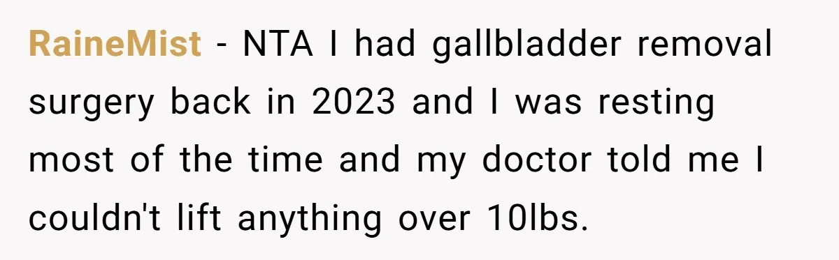 After Facing A Major Surgery, Woman Returns Home To Face Another Unexpected Conflict RaineMist − NTA I had gallbladder removal surgery back in 2023 and I was resting most of the time and my doctor told me I couldn't lift anything over 10lbs.