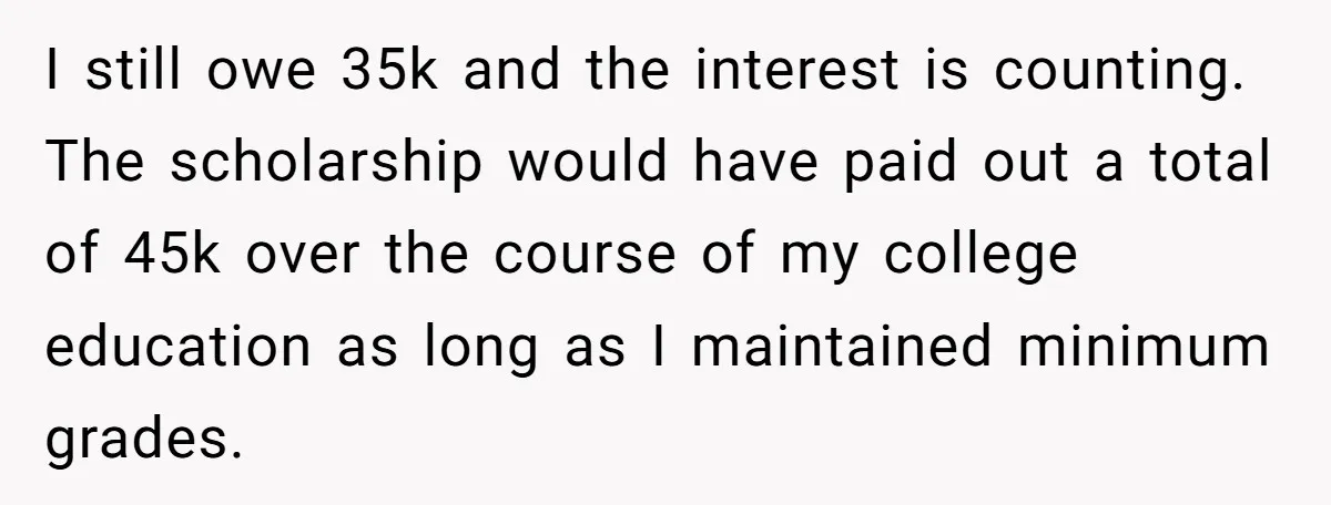 I still owe 35k and the interest is counting. The scholarship would have paid out a total of 45k over the course of my college education as long as I...
