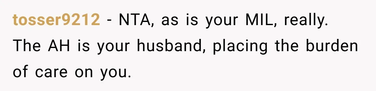 Devoted Daughter-In-Law Breaks Her Spine For Husband's Mother, Until One Day She Can't Take It Anymore tosser9212 − NTA, as is your MIL, really. The AH is your husband, placing the burden of care on you.