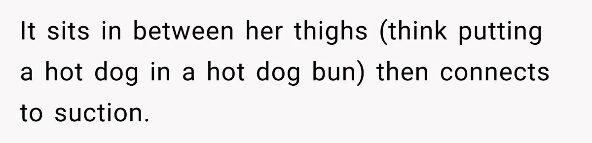 Devoted Daughter-In-Law Breaks Her Spine For Husband's Mother, Until One Day She Can't Take It Anymore It sits in between her thighs (think putting a hot dog in a hot dog bun) then connects to suction.