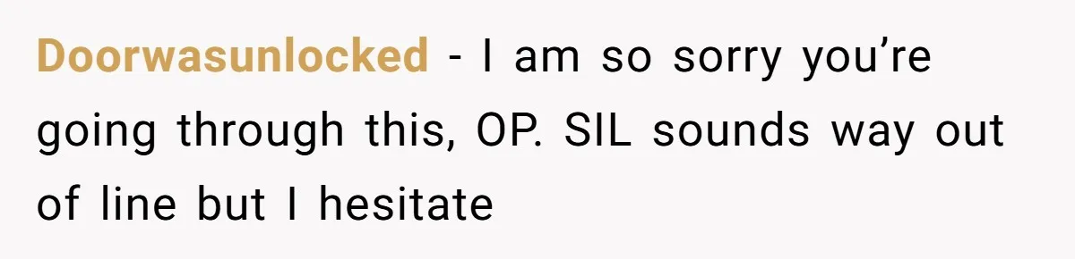 Doorwasunlocked − I am so sorry you’re going through this, OP. SIL sounds way out of line but I hesitate