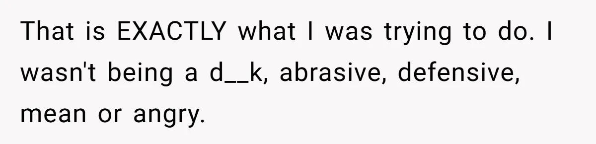 That is EXACTLY what I was trying to do. I wasn't being a d__k, abrasive, defensive, mean or angry.