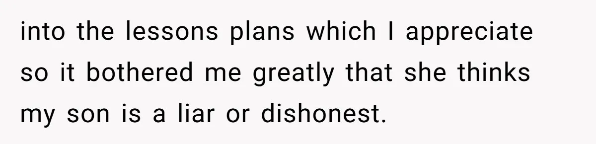 into the lessons plans which I appreciate so it bothered me greatly that she thinks my son is a liar or dishonest.