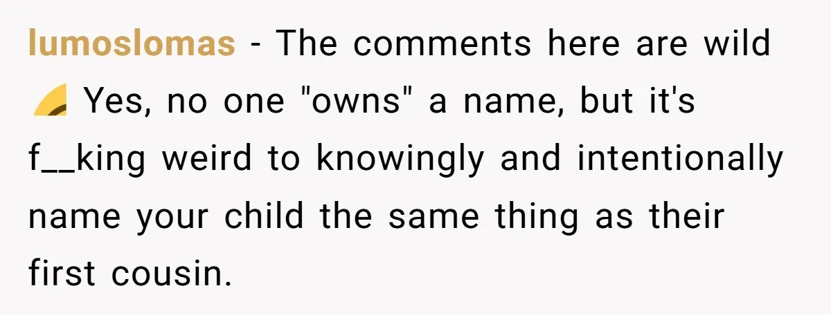 A Woman Told Her Pregnant Sister Not to Use Her Daughter’s Name, and It Sparked a Painful Family Divide lumoslomas − The comments here are wild 😂 Yes, no one "owns" a name, but it's f__king weird to knowingly and intentionally name your child the same thing as their...