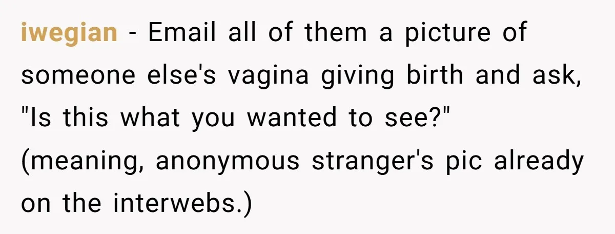 Pregnant Women Chooses Her Mother And Husband For The Delivery Room, But Her MIL’s Overreaction Causes Family Drama iwegian − Email all of them a picture of someone else's vagina giving birth and ask, "Is this what you wanted to see?" (meaning, anonymous stranger's pic already on the...