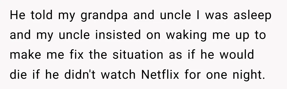 A Man Wouldn’t Let His Nephew Sleep Over Netflix, So the Nephew Finally Drew the Line He told my grandpa and uncle I was asleep and my uncle insisted on waking me up to make me fix the situation as if he would die if he...