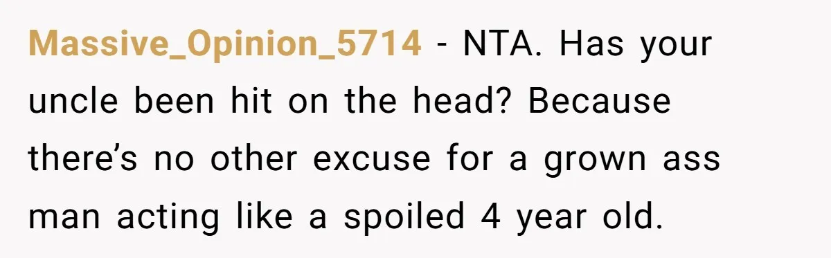 A Man Wouldn’t Let His Nephew Sleep Over Netflix, So the Nephew Finally Drew the Line Massive_Opinion_5714 − NTA. Has your uncle been hit on the head? Because there’s no other excuse for a grown ass man acting like a spoiled 4 year old.