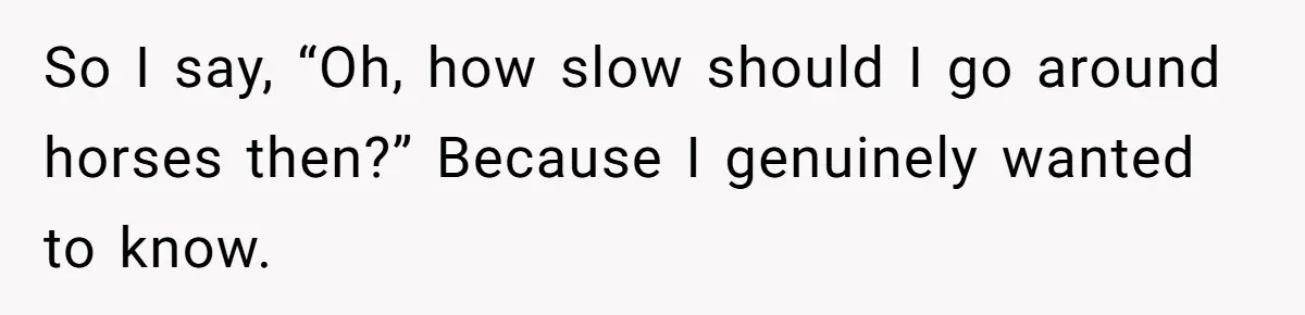 Woman Tried To Be Considerate Of A Horse Rider, But After Getting Yelled At, She Responds Sharply So I say, “Oh, how slow should I go around horses then?” Because I genuinely wanted to know.