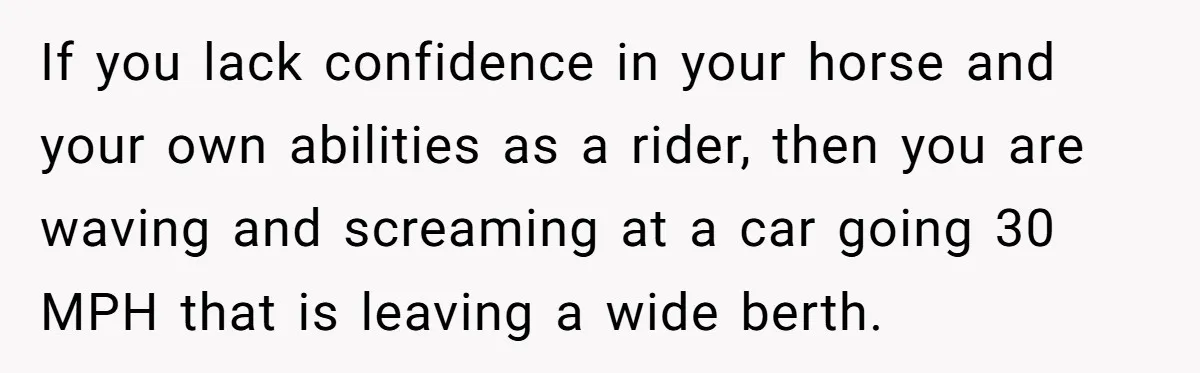 Woman Tried To Be Considerate Of A Horse Rider, But After Getting Yelled At, She Responds Sharply If you lack confidence in your horse and your own abilities as a rider, then you are waving and screaming at a car going 30 MPH that is leaving a...