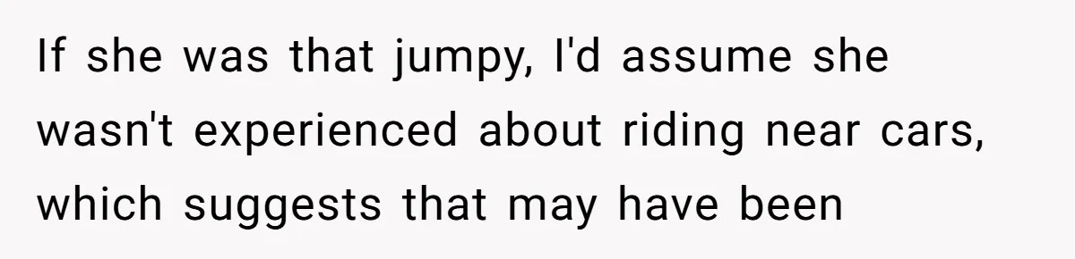 Woman Tried To Be Considerate Of A Horse Rider, But After Getting Yelled At, She Responds Sharply If she was that jumpy, I'd assume she wasn't experienced about riding near cars, which suggests that may have been