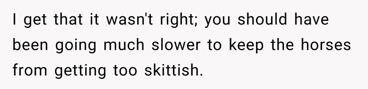 Woman Tried To Be Considerate Of A Horse Rider, But After Getting Yelled At, She Responds Sharply I get that it wasn't right; you should have been going much slower to keep the horses from getting too skittish.