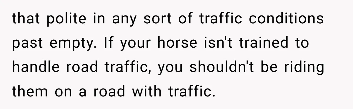 Woman Tried To Be Considerate Of A Horse Rider, But After Getting Yelled At, She Responds Sharply that polite in any sort of traffic conditions past empty. If your horse isn't trained to handle road traffic, you shouldn't be riding them on a road with traffic.