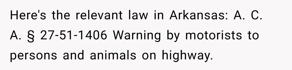 Woman Tried To Be Considerate Of A Horse Rider, But After Getting Yelled At, She Responds Sharply Here's the relevant law in Arkansas: A. C. A. § 27-51-1406 Warning by motorists to persons and animals on highway.