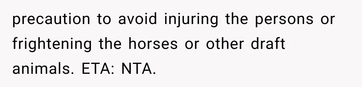 Woman Tried To Be Considerate Of A Horse Rider, But After Getting Yelled At, She Responds Sharply precaution to avoid injuring the persons or frightening the horses or other draft animals. ETA: NTA.