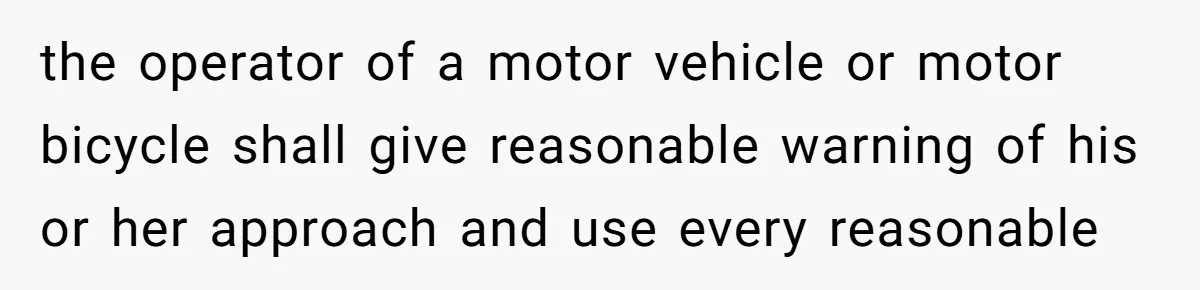 Woman Tried To Be Considerate Of A Horse Rider, But After Getting Yelled At, She Responds Sharply the operator of a motor vehicle or motor bicycle shall give reasonable warning of his or her approach and use every reasonable