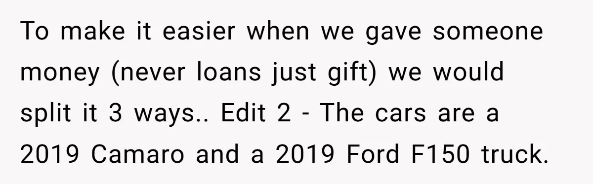 He Bought His Twins Cars for Their 18th Birthday, Then His Family Demanded the Money Instead To make it easier when we gave someone money (never loans just gift) we would split it 3 ways.. Edit 2 - The cars are a 2019 Camaro and a...