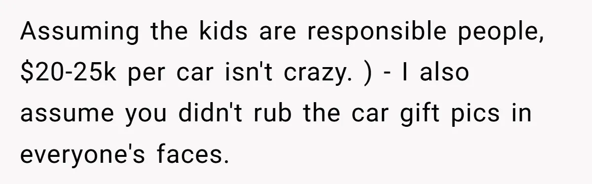 He Bought His Twins Cars for Their 18th Birthday, Then His Family Demanded the Money Instead Assuming the kids are responsible people, $20-25k per car isn't crazy. ) - I also assume you didn't rub the car gift pics in everyone's faces.