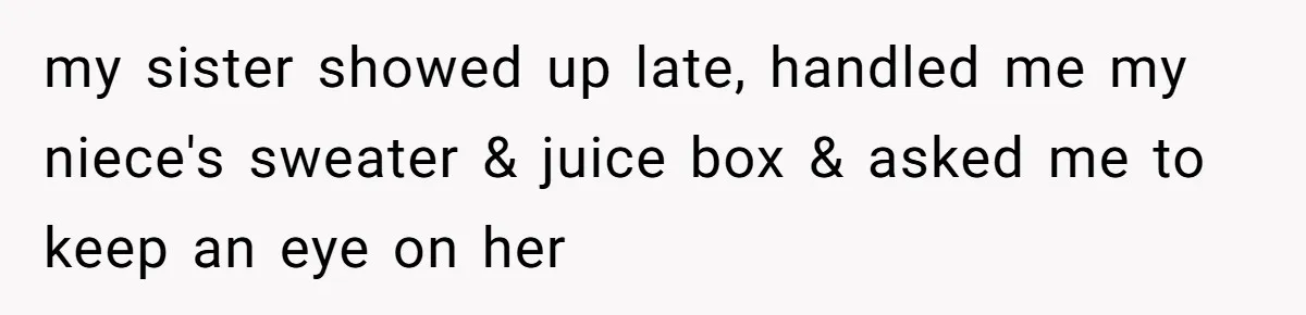 She Was Asked to Watch Her Niece for 30 Minutes, Then the Mom Disappeared for Hours my sister showed up late, handled me my niece's sweater & juice box & asked me to keep an eye on her