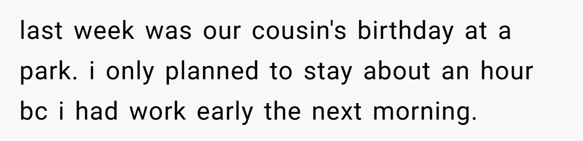 She Was Asked to Watch Her Niece for 30 Minutes, Then the Mom Disappeared for Hours last week was our cousin's birthday at a park. i only planned to stay about an hour bc i had work early the next morning.