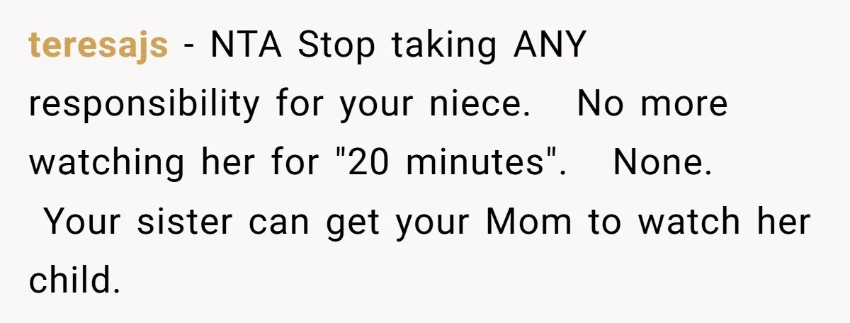 She Was Asked to Watch Her Niece for 30 Minutes, Then the Mom Disappeared for Hours teresajs − NTA Stop taking ANY responsibility for your niece. No more watching her for "20 minutes". None. Your sister can get your Mom to watch her child.