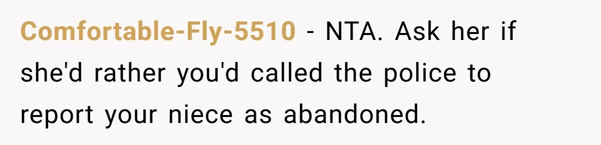 She Was Asked to Watch Her Niece for 30 Minutes, Then the Mom Disappeared for Hours Comfortable-Fly-5510 − NTA. Ask her if she'd rather you'd called the police to report your niece as abandoned.