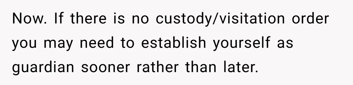 Dad Finds It Incredibly Difficult To Tell 3-Year-Old Son What Happened To His Mom Now. If there is no custody/visitation order you may need to establish yourself as guardian sooner rather than later.