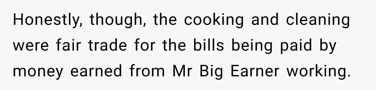 Man Tells His Wife To Get A Job or Start Cooking And Cleaning After Moving Abroad, Was He Too Harsh? Honestly, though, the cooking and cleaning were fair trade for the bills being paid by money earned from Mr Big Earner working.